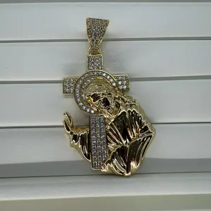 Cross with Jesus 14k Gold Plated Pendant Featuring Detailed Diamond Accents and Elegant Design