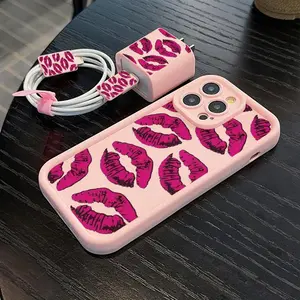 5-Piece Lip Print Phone Case Set with Charger Head Cover, Cable Protector, and Storage Rope, Tpu Shockproof Case for iPhone Models