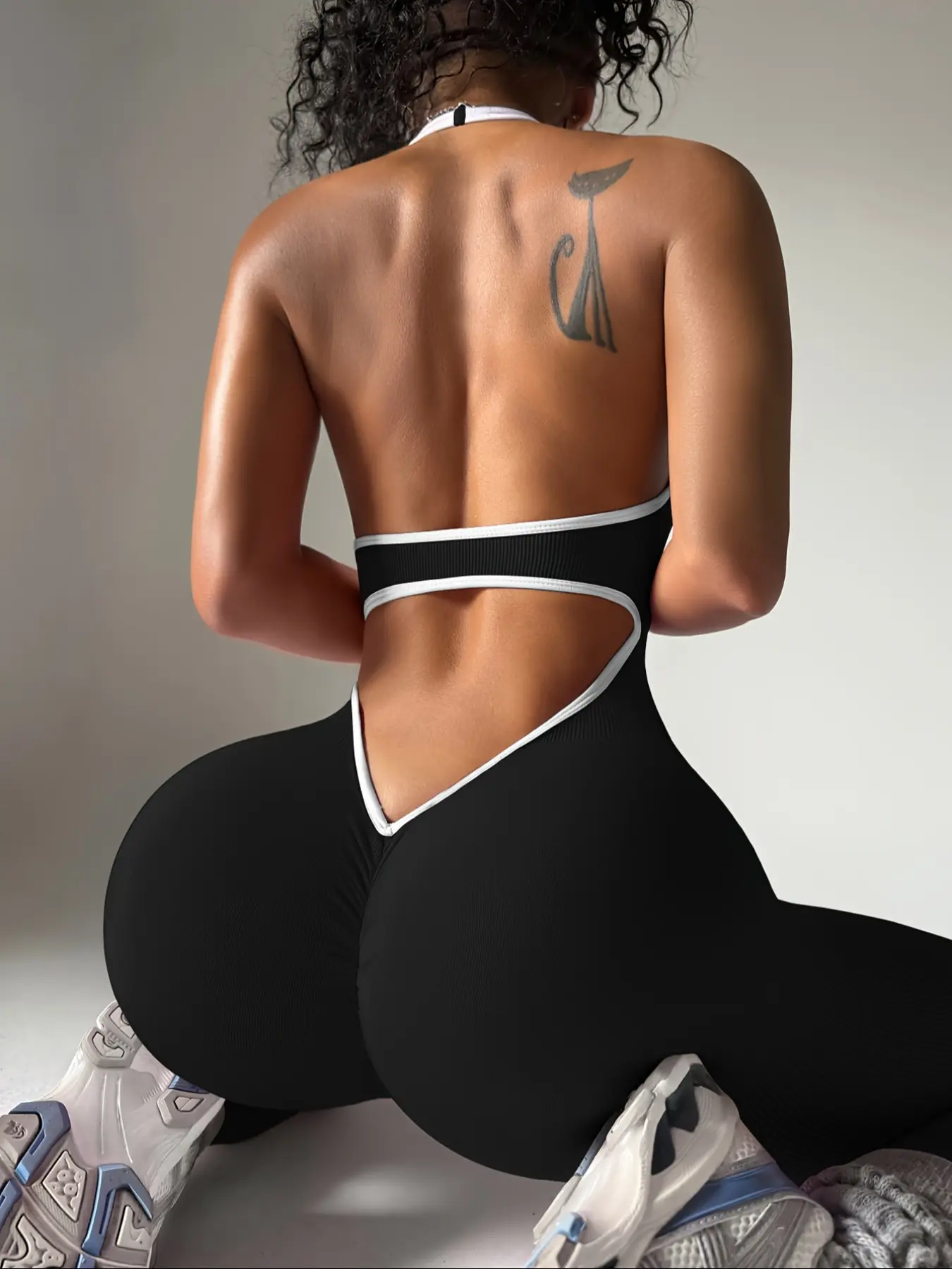 Color Block Ribbed Casual Women's Yoga Bodysuit, Stretch Comfortable Fitness Workout Jumpsuit, Sexy Backless Halter Sports Suit, Yoga Jumpsuits, Sleeveless Yoga Jumpsuits, Stretchable Activewear