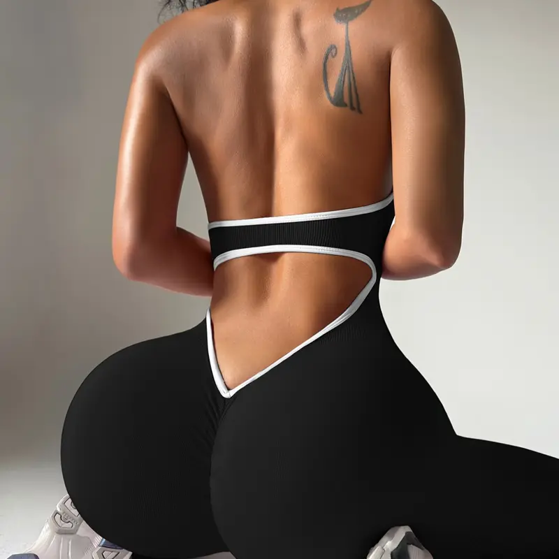 Color Block Ribbed Casual Women's Yoga Bodysuit, Stretch Comfortable Fitness Workout Jumpsuit, Sporty Yoga Jumpsuit, Sexy Backless Halter Sports Suit, Yoga Jumpsuits, Stretchable Activewear