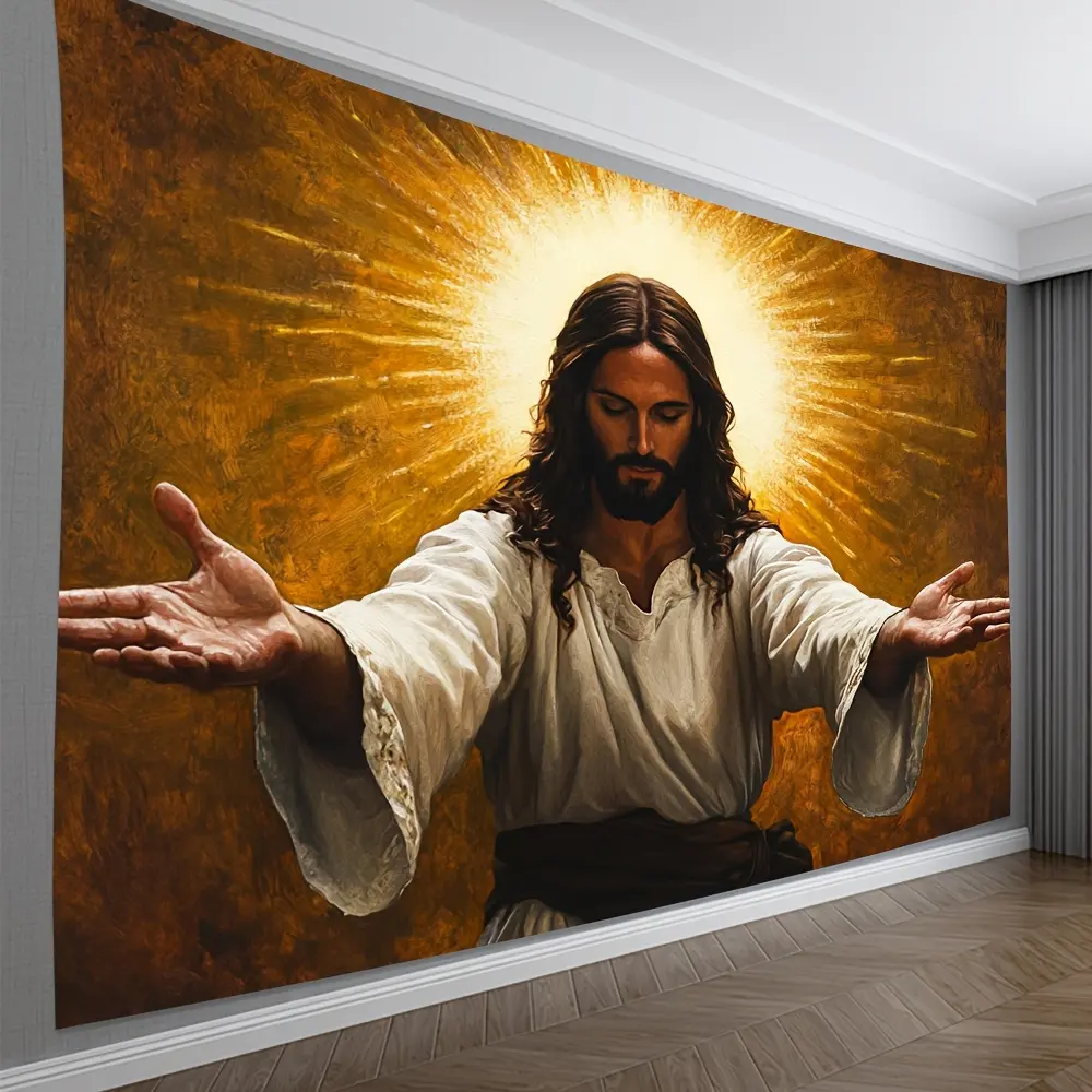 Jesus Artwork Tapestry - Elegant Realistic Horizontal Design, Outstretched Arms & Radiant Halo, Large Wall Art, Religious Symbol Decor, Detailed Fabric, Ideal for Home & Religious Indoor Use, Jesus Artwork Tapestries, Large Wall Tapestries