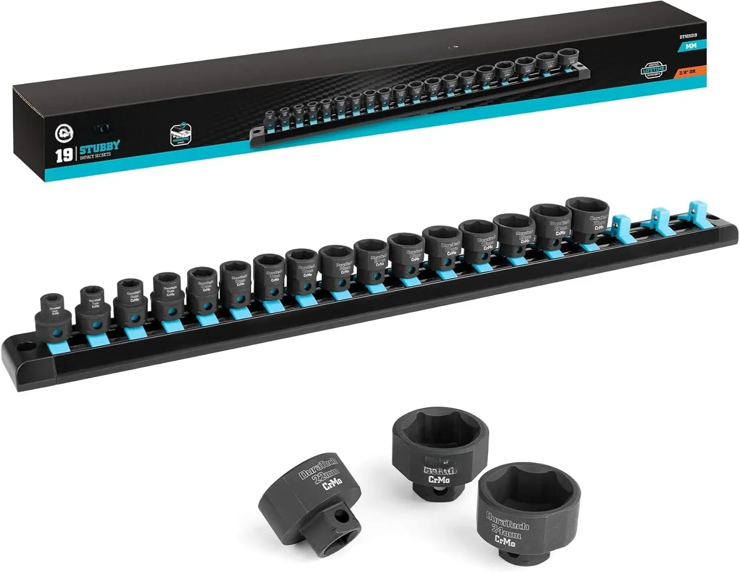 3/8" Drive Stubby Impact Socket Set, Low Profile Impact Sockets, 19-, Metric, Size Covers 6-24mm, Cr-Mo Steel, Organized in  Storage Rail