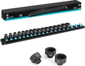 3/8" Drive Stubby Impact Socket Set, Low Profile Impact Sockets, 19-, Metric, Size Covers 6-24mm, Cr-Mo Steel, Organized in  Storage Rail