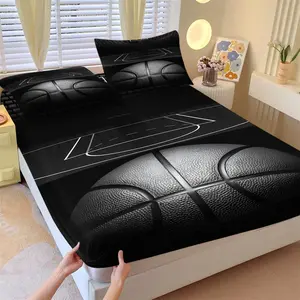 Boys Dark Sports Themed Fitted Sheet Set, 1 Fitted Sheet + 2 Pillowcases, 3D Black Basketball Court Print Bedding, Ultra-Soft Microfiber Bed Linen, Perfect Gift for Basketball Fans & Teen Boys