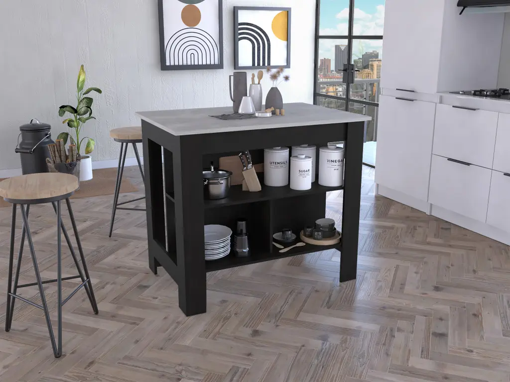 360 stand Modern Kitchen Island - Marble Finish Countertop, Wood Base, Storage Shelves, Stool-Friendly Design, Black Indoor Cabinet Furniture, Indoor Floor Cabinets, Multi-Functional Floor Cabinets
