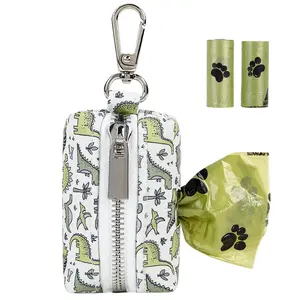 ARING PET Dinosaur Dog Waste Bag Dispenser, Washable Cotton Pouch with Metal Zipper, Portable Poop Bag Holder Attaches to Any Leash for Doggy Cleanup