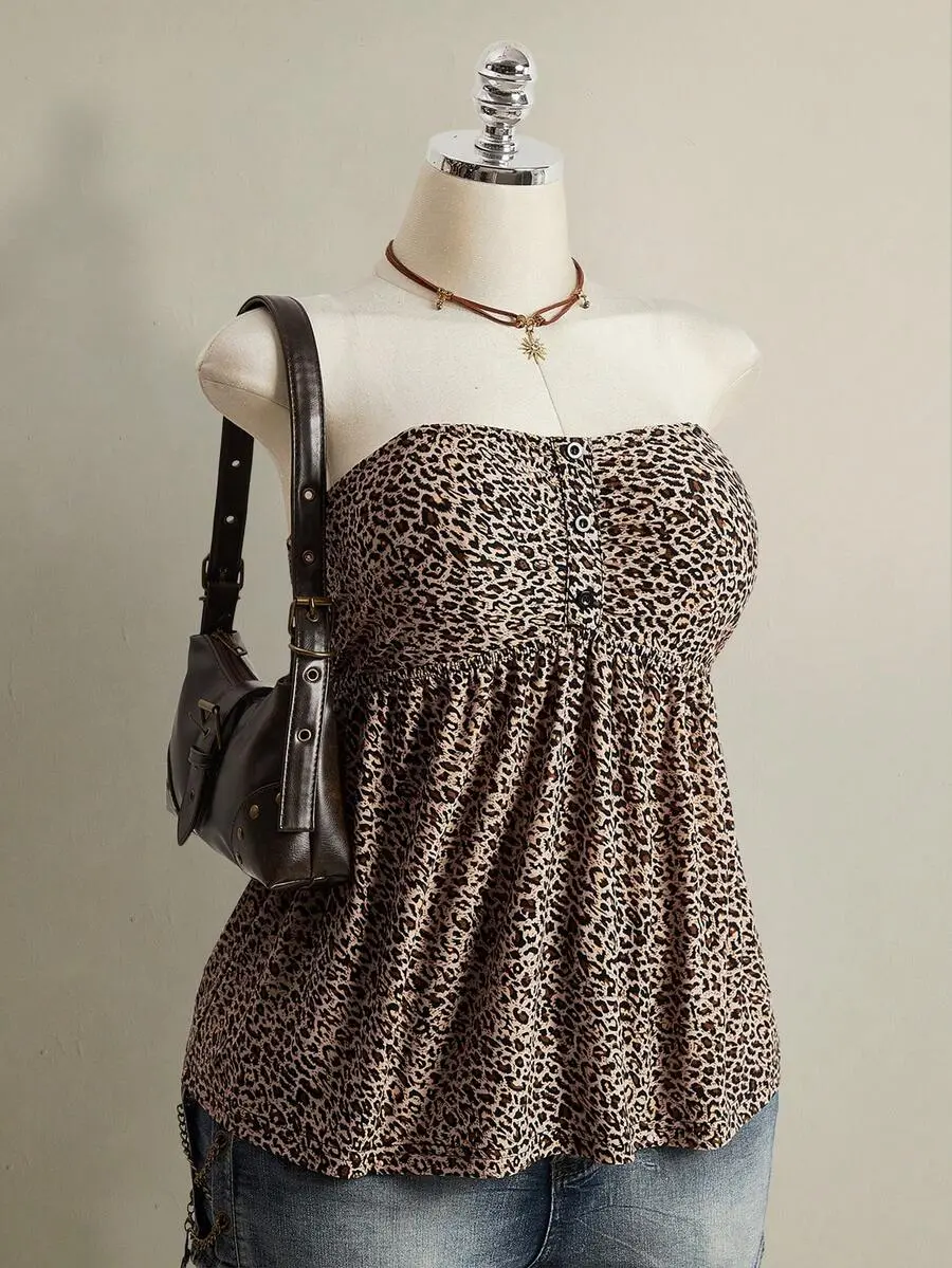 Women's Plus Size Retro 1950s Vintage Sexy Individual Casual Y2K Urban Modern Leopard Print Bandeau Knit Top Date Night Rave Beige Summer