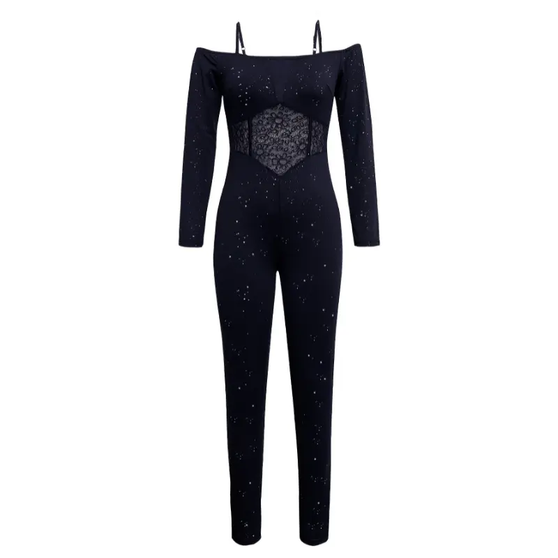 Elegant Women's Off-Shoulder Long Sleeve V-Neck with Lace Detail, Stretchy Polyester/Spandex Blend, Machine Washable Fabric Womenswear Mesh Blouse