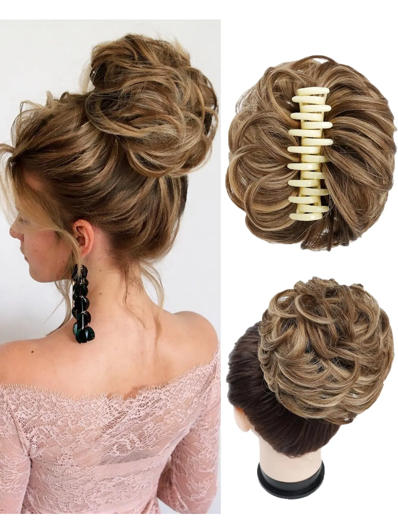 Claw Clip Messy Bun Hair Pieces for Women Large Soft Wavy Curly Bun Extension Premium Synthetic Hair Clip in Ponytail Extensions Tousled Updo Hairpieces for Wedding Daily Party（Brown Mix Blonde）