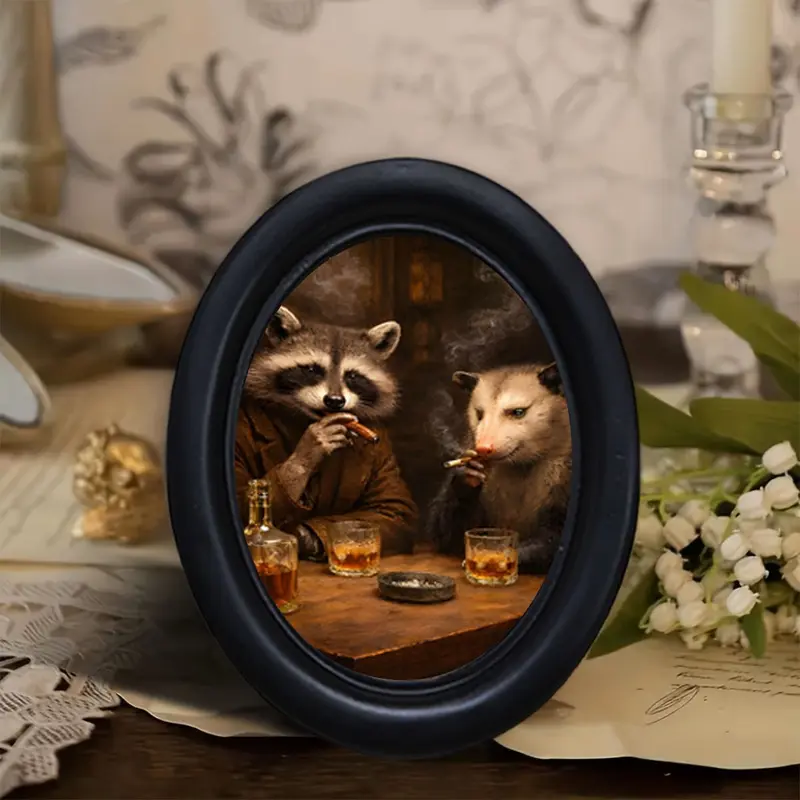 Vintage Oval Frame Raccoon Smoking Drinking Decorative Painting, Funny Wall Art, American Retro Small Art Ornament, Home Entrance Desktop Decoration Hanging