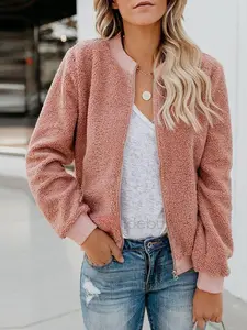 Women's Artificial Plush Round Collar Zipper Casual Jacket Coat - Street-Style Female Outerwear Tops with Pockets