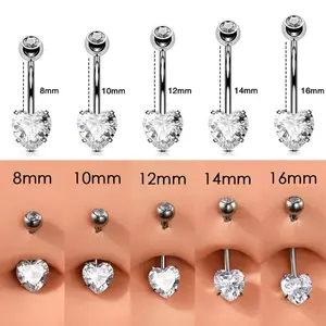 OUFER Women's 14G Adjustable Belly Button Ring - Body-Safe Titanium Piercing Jewelry, Internally Threaded, Heart Design, AAAAA+ CZ, 8-16mm Multi-Size Dainty Body Jewelry for Sensitive Skin & Everyday Wear
