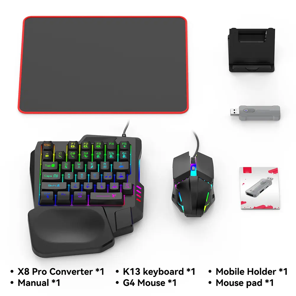5-in-1 Mobile Game Converter Set - Bluetooth 5.3 Backlit RGB Keyboard, Wireless Gaming Controller, Gaming Equipment, Mobile Phone Holder, USB Type-C Mouse Pad for Android, iOS Devices