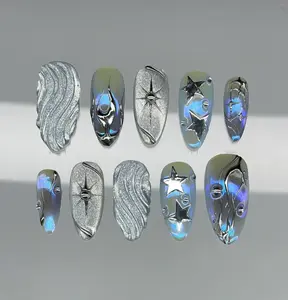Holographic Chrome Star Nails | 3D Galaxy Press Ons | Silver Wave Texture, Iridescent Finish, Cosmic Celestial Design Fake Nails Set