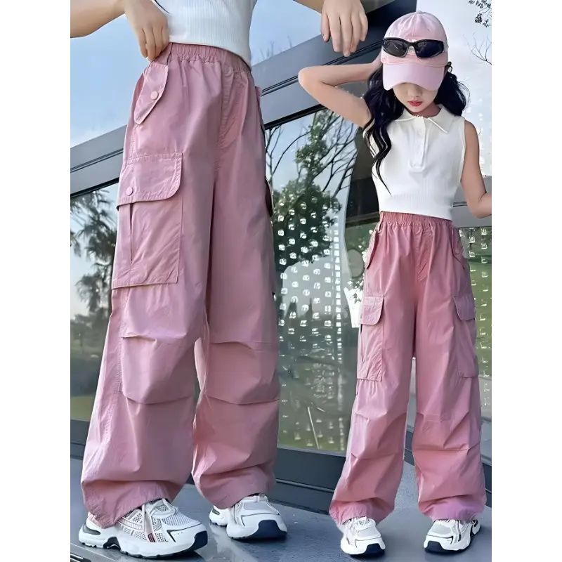 Girls' Red Paratrooper Cargo Pants with Big Pockets - Loose Fit Casual Streetwear for Outdoor Sports & Vacation - Machine Washable Spring Summer Fall Playwear - Perfect Holiday Birthday Gift, Nonstretch Fabric, Perfect for Outdoor