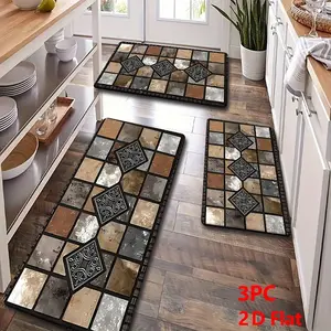 2pcs/3pcs Flannel Kitchen Mat Set, Mosaic Design, Earthy Stone Pattern, Vintage Floral Diamond, Non-Slip, Absorbent, Decorative Mats