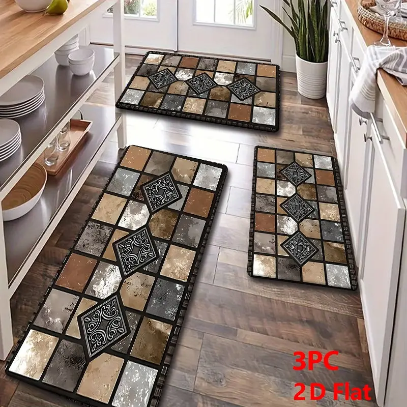 2pcs/3pcs Flannel Kitchen Floor Mat Set, Mosaic Design, Earthy Stone Pattern, Vintage Floral Diamond, Non-Slip, Absorbent, Decorative Mats