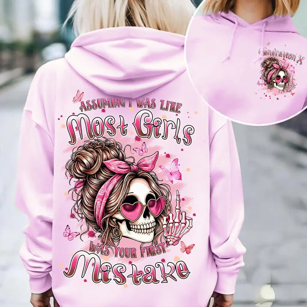 Custom Hoodie For Gen X Baby Boomers Millennials, Assuming I Was Like Most Girls Was Your First Mistake Hoodie, Generation X Skull Girl Graphic Hoodie, Funny Pink Butterfly Streetwear Casual Cotton Hoodie for Women and Men