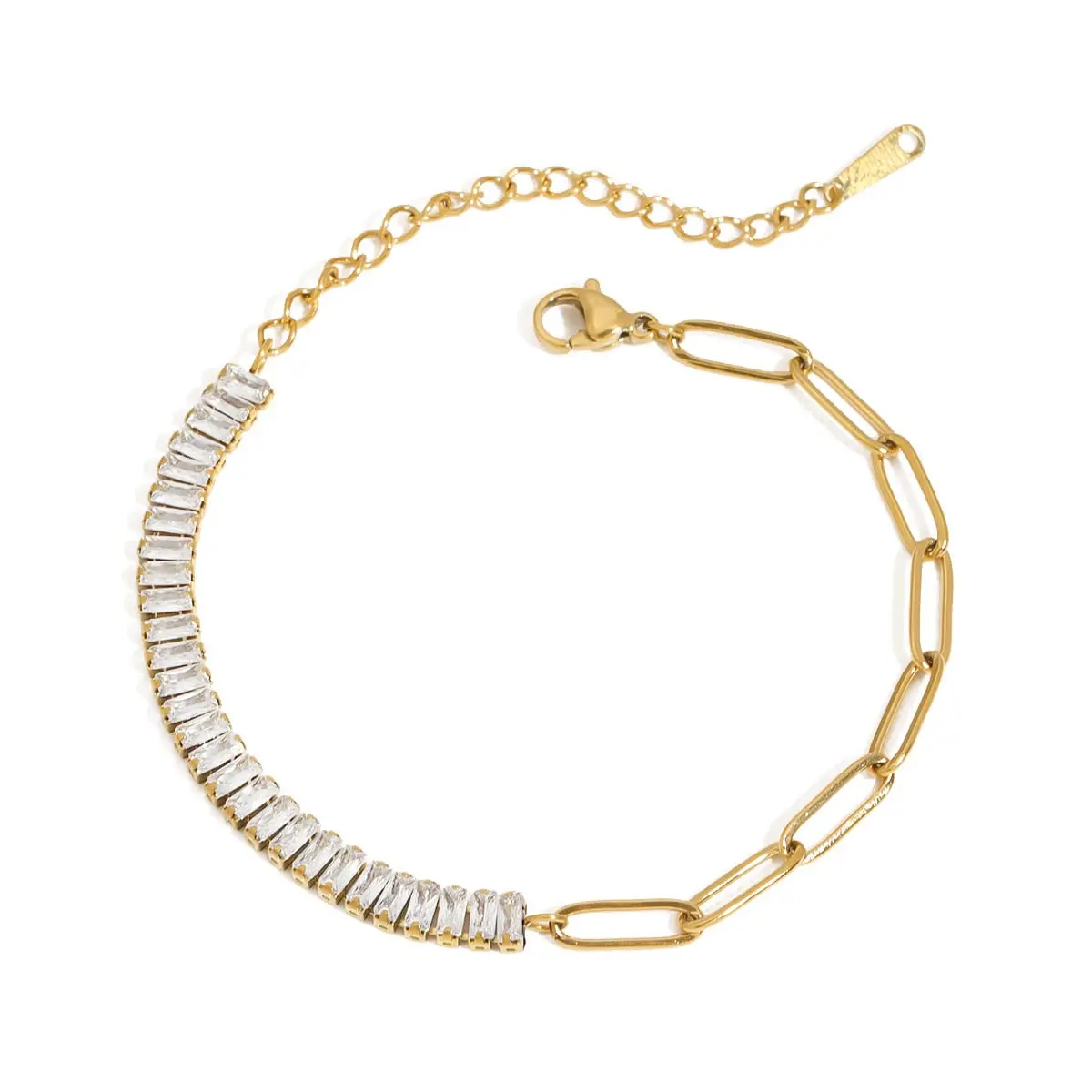 Paperclip Link Bracelet with Baguette Crystal Stone, Gold-Tone Stainless Steel Modern Jewelry for Men & Women, Oval, Chain Link