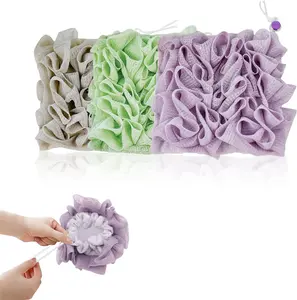 3-Pack Bath Loofah Washcloth Set, 2-in-1 Exfoliating Reusable Shower Sponge for Whole Body Cleaning, with Soap Saver Pouch & Bar Soap Pocket, Smooth Bathing Accessories (Green, Purple, Khaki)