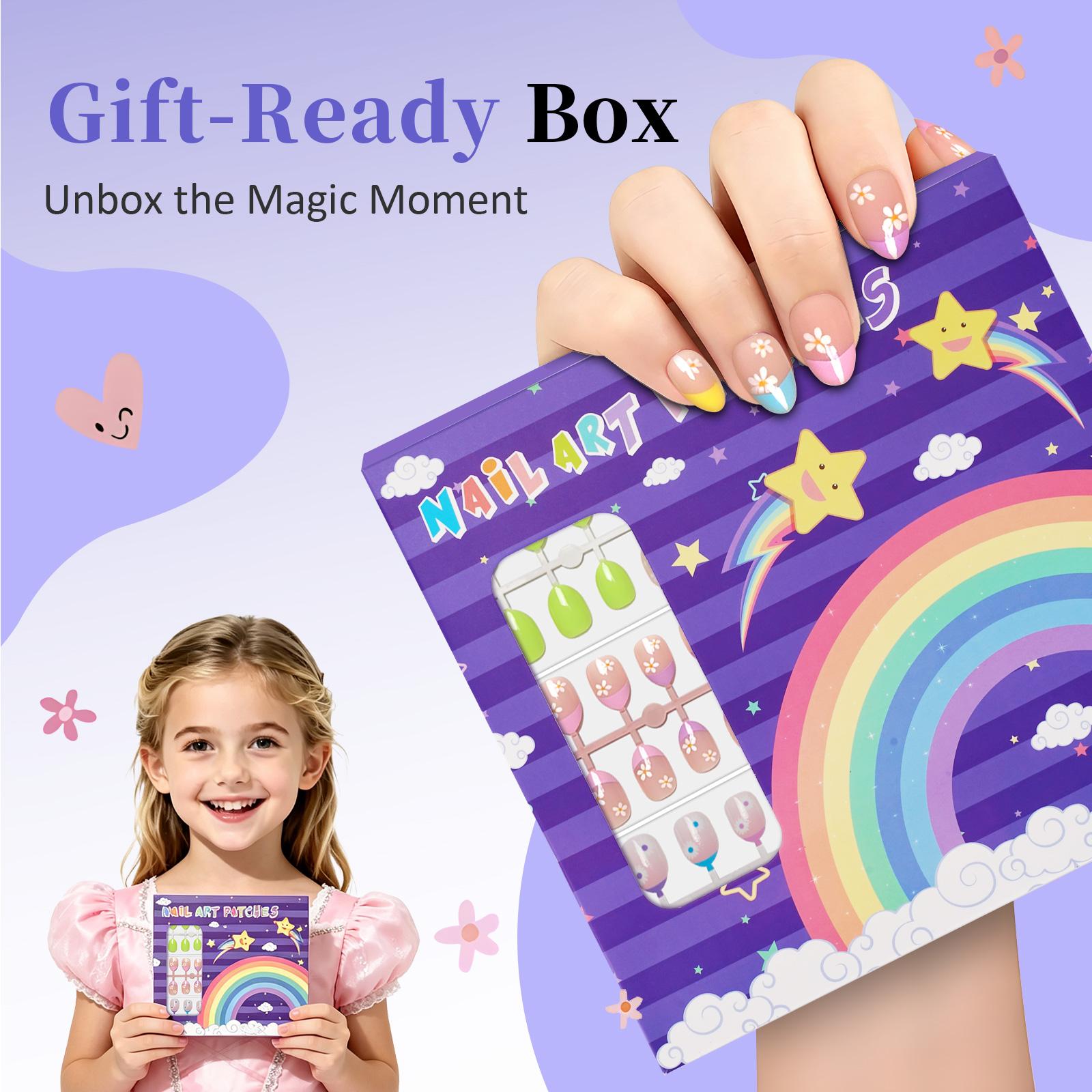 Kids Press On Nails Kit, 6 Pack 144PCS Colorful Flower Fake Nail Tips for Girls Ages 4-12, Almond Shape Nail Set with Jelly Glue & Nail Adhesive, Birthday Gifts & Holiday Surprises