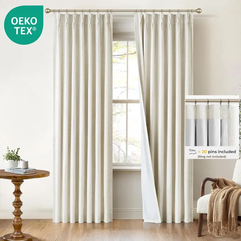 INOVADAY | Pinch Pleated Curtains-2 Panels Full Blackout Curtains For Bedroom, Linen Pleated Blackout Drapes,Thermal Black Out Pinch Pleat Drapes with Hooks,Back To School,dorm essentials,home decor,home essentials