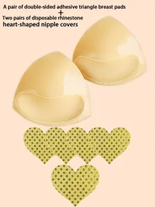 Double-Sided Adhesive Bra Pads, Triangle Oval Self-Adhesive Breast Pads, Two Pairs Disposable Glitter Heart Bra Inserts, Lift and Shape
