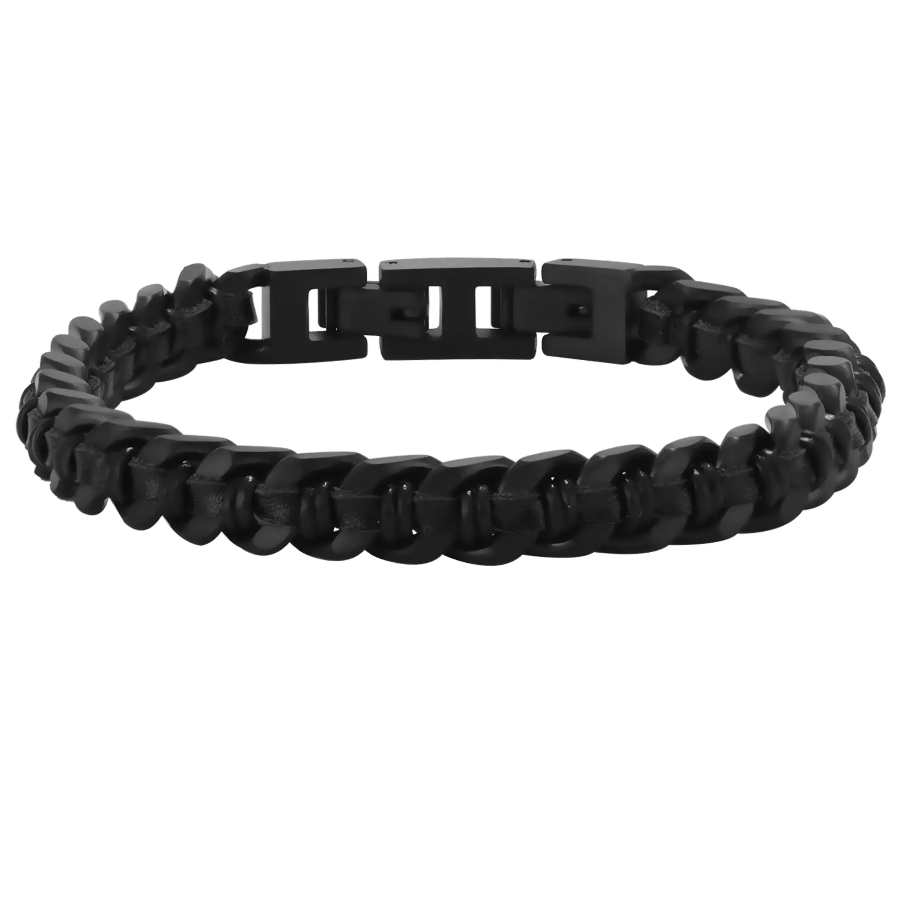 OIDEA Men's Classic Vintage Stainless Steel Cuban Link Chain Bracelet - Woven Leather, Adjustable Fit for Casual Father's Day Anniversary Gift (Male Adjustable Leather Bracelets & Bangles), Leather Weave