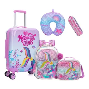 Lightweight Hard Shell Rolling Luggage Set for Girls 5-Piece, Multi-Pocket Vacation Travel Carryon Suitcase and School Bag, Luxury Mermaid Gift for Kids portable