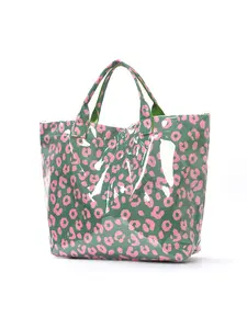 Green & Pink Leopard Print Glossy Tote Bag, Waterproof PVC Large Capacity Handbag, Retro Cool Shoulder Bag for Travel & Daily Use, Aesthetic Tote Bag for Women & Girls