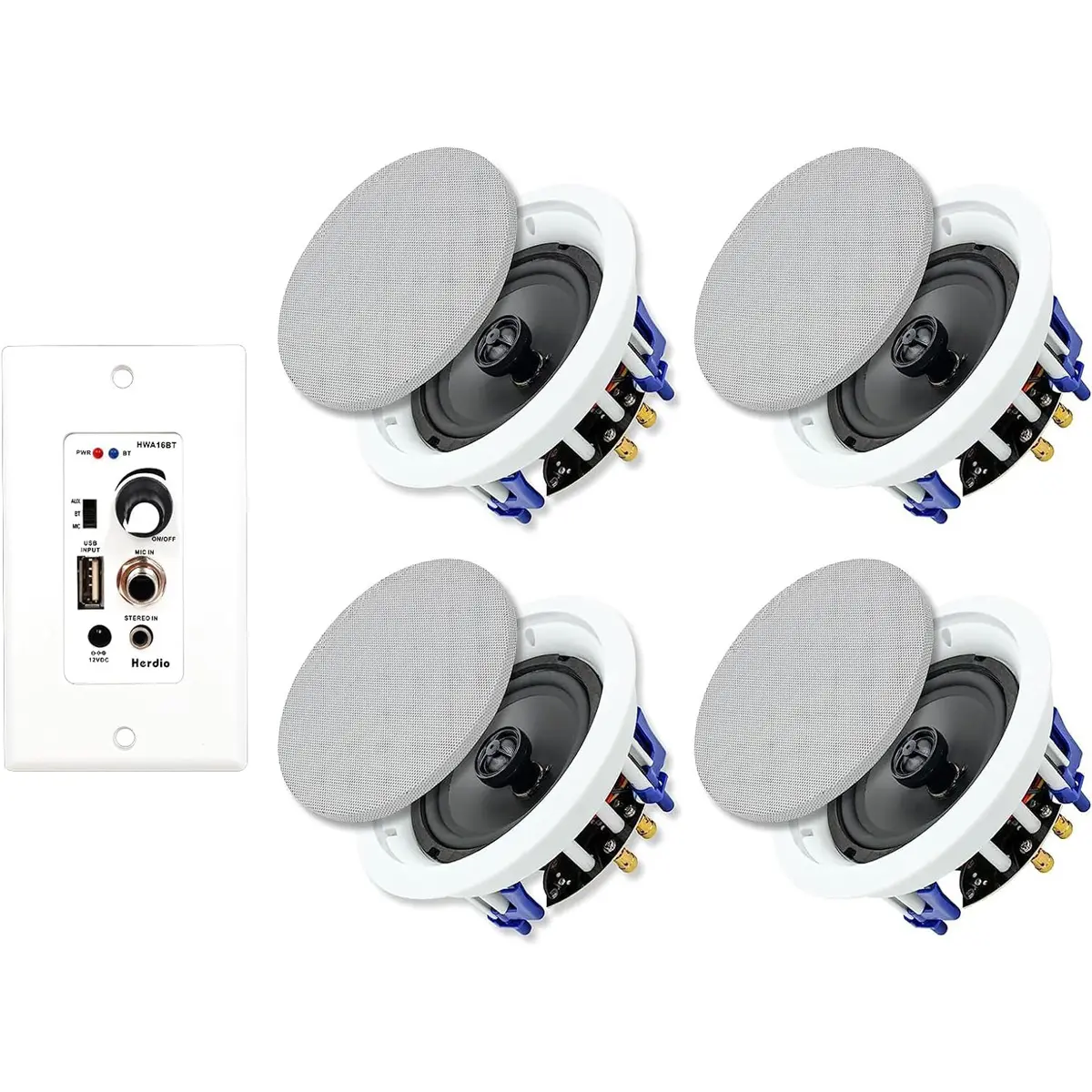 Herdio 5.25-in Wireless Bluetooth Stereo Ceiling Speaker System (4-Pack, 150W Each) with 2-Way 600W In-Wall Amplifier Receiver, USB Port, Charging, Memory Function, Mount Compatibility, Aux Input, 30ft Range, 1" Silk Dome Tweeter for Home Theater, Office
