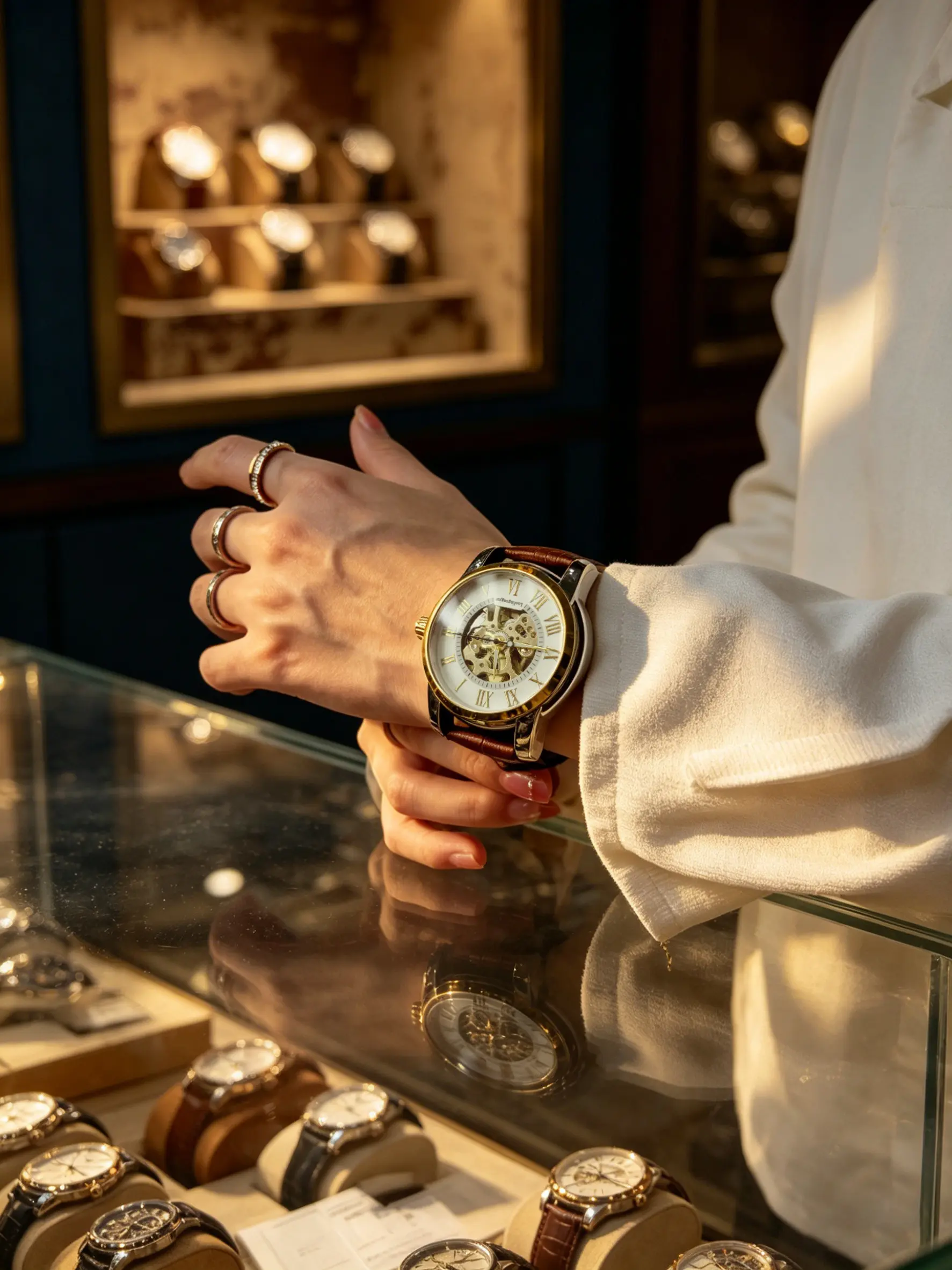 Luxury Transparent Mechanical Watch, Gold Markers, Leather Strap, Precise Timekeeping, Business Casual, Gift Box Packaging, Analog Watches