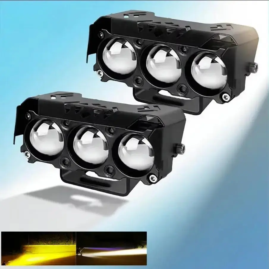 3 Lens Motorcycle LED Spot Lights, Dual Color Hi/Lo Beam, 12V 24V Driving Fog Lamps for Car Truck SUV UTV