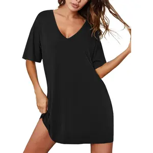 Nightgowns for Women Bamboo Viscose Sleepshirt Short sleeve Nightshirt V Neck T shirt Night gown Boyfriend Sleepwear Womenswear Chic Elegant Everyday Fit Loose Loungewear