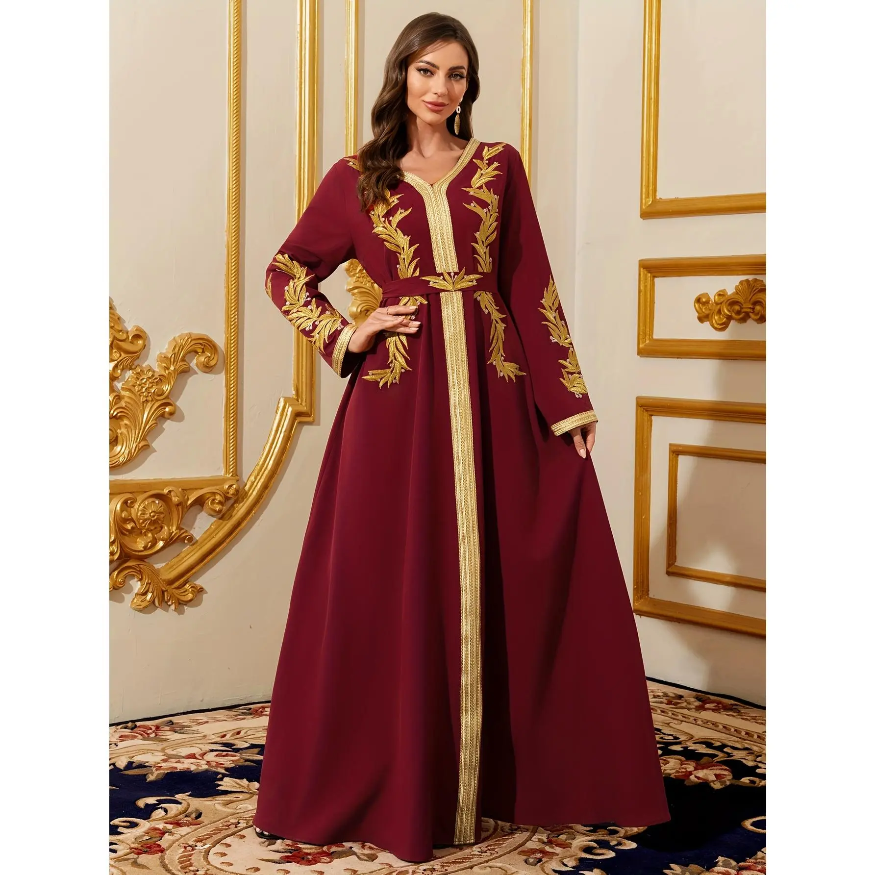 Women's Middle Eastern Arabic V-Neck Abaya Dress with Golden Embroidery &  Waist Belt - Burgundy Long