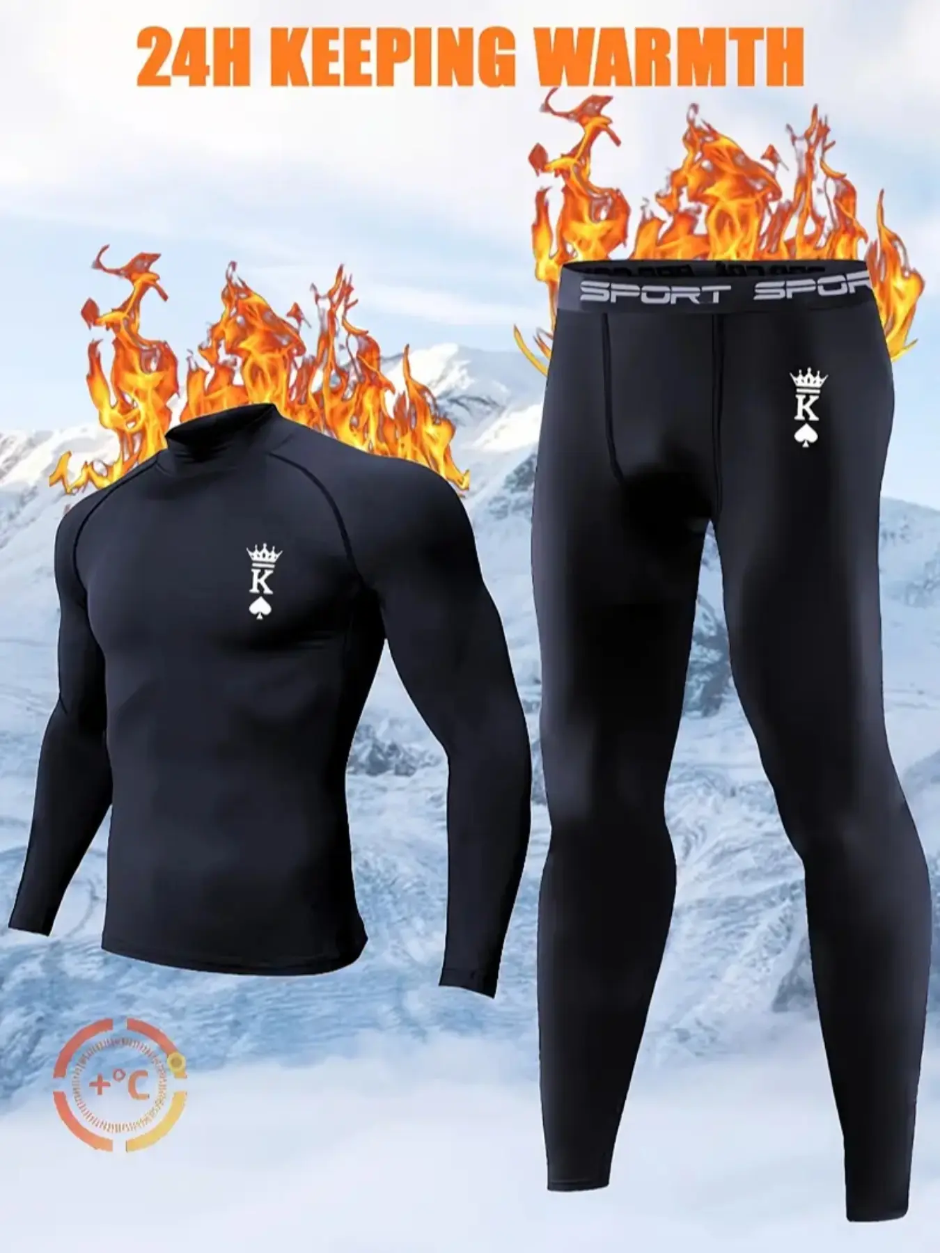 2PC Men's King-Inspired Sport Base Layer – Thermal Compression Suit with Spade K Print, Ideal for Hiking, Training, Home Gym, and Cold-Weather Wear, Sports Clothes