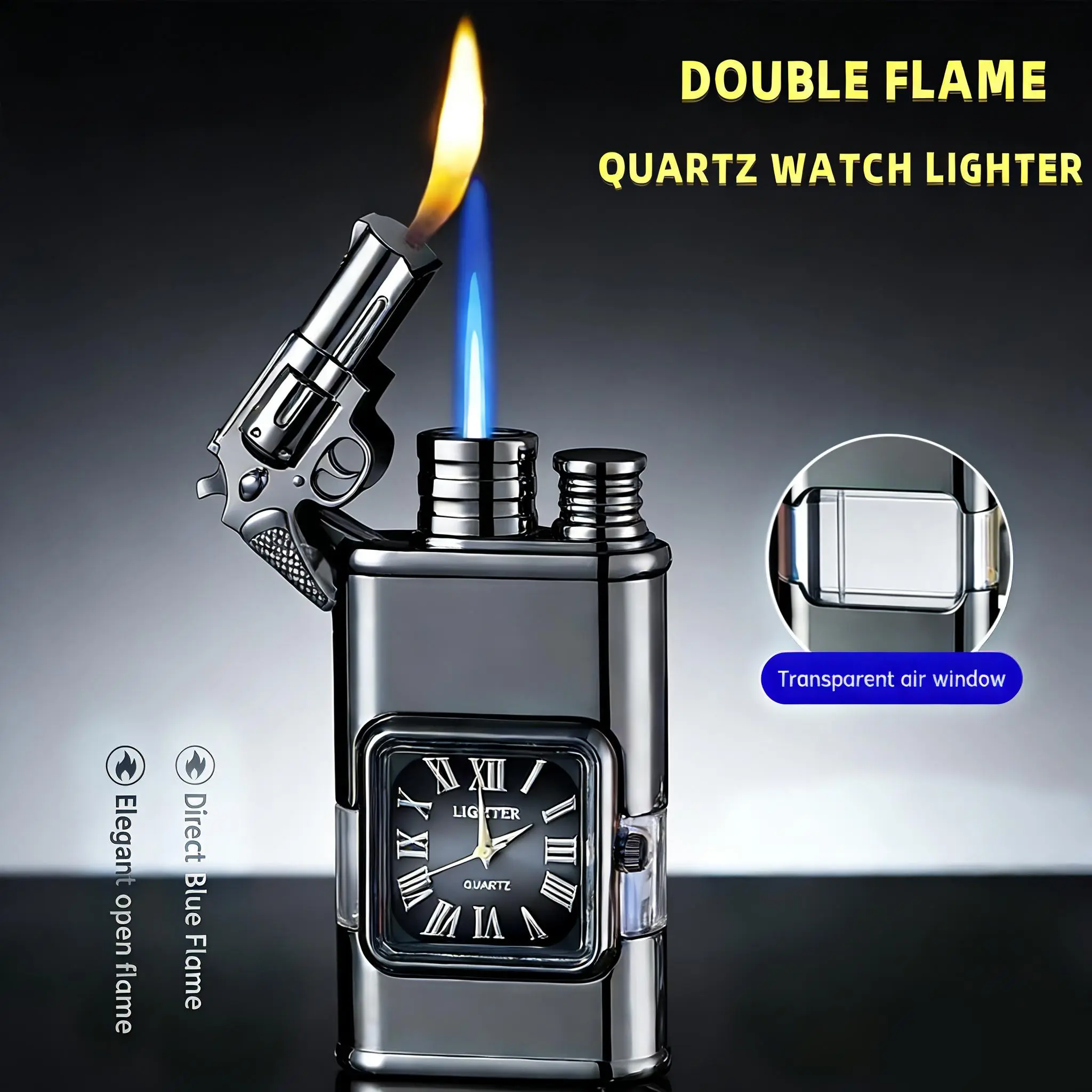 Dual-Flame Windproof Torch Lighter with Vintage Quartz Dial - Portable Refillable Butane Decor Lighter for Car Interior, Outdoor Camping - Men's Gift with Gift Box (Butane Not Included)