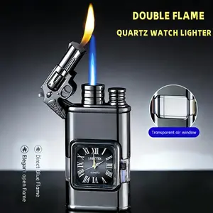 Dual-flame Windproof Torch Lighter, Vintage Quartz Dial, Portable Refillable Butane Lighter. Suitable for Outdoor Camping, Barbecues, and Wilderness Survival. Men's Gift, Includes Gift Box (butane Not Included)