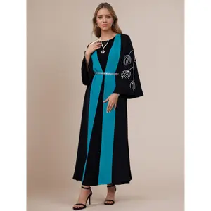 1pc Elegant Black & Teal Color Block Abaya with Rhinestone Embellishments - Long Sleeve, Belted Waist, Flowing Design for Women, Perfect for Spring/Summer, Cultural Attire, Cultural Attire|Elegant Abaya|Rhinestone Embellishments