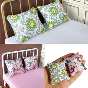 1:12 Scale Dollhouse Mini Sofa & Bed Cushion Accessories, Pink White Floral Plush Throw Pillows, Micro Scene Decor Ornaments