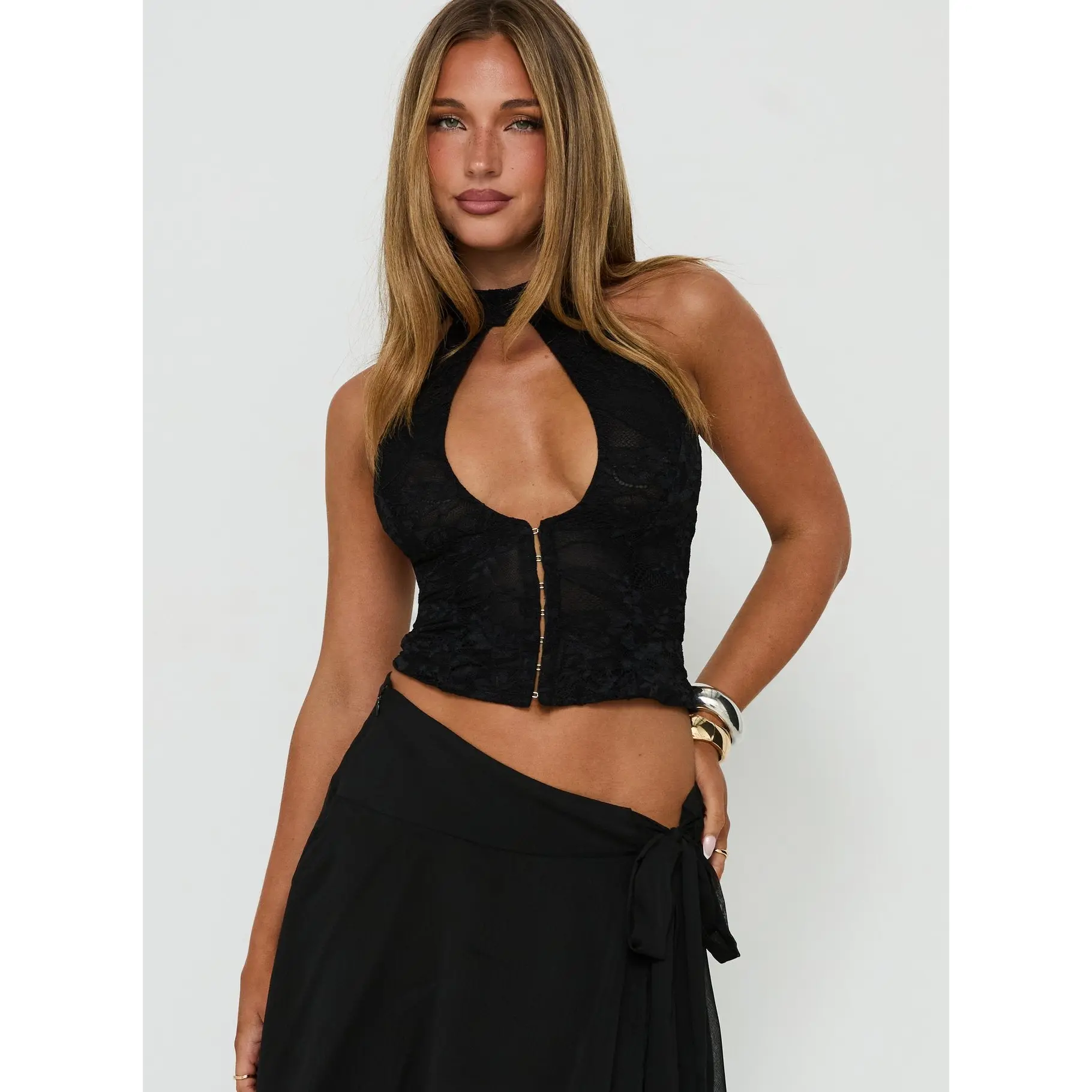 Aylah Lace Keyhole Tie Neck Top Black