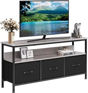 Gaomon 55-Inch Black Bedroom TV Cabinet - Sturdy Base, Easy Setup Media Console Table with 3 Fabric Drawers, Open Shelves & Open Storage, Multi-Functional Entertainment Center