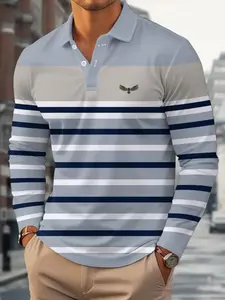 Men's Long Sleeve Casual Polo Shirt with 3D Eagle Logo and Striped Collar, Casual Fitted Golf Button-Down, All Seasons Wear