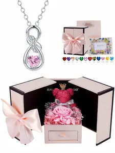 Infinite Heart Love Luxury geometric diamond clavicle necklace with niche design and twelve birthstones.Comes with a preserved rose teddy bear jewelry gift box.Ideal mysterious gift for birthdays, Valentine's Day, Mother's Day and Christmas.