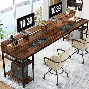 Tribesigns Two Person Desk with Monitor Stand, 78.74" Long Double Computer Office Desk with Storage Shelves, Large Gaming Desk Study Writing Table Workstation for Home Office, Rustic Brown