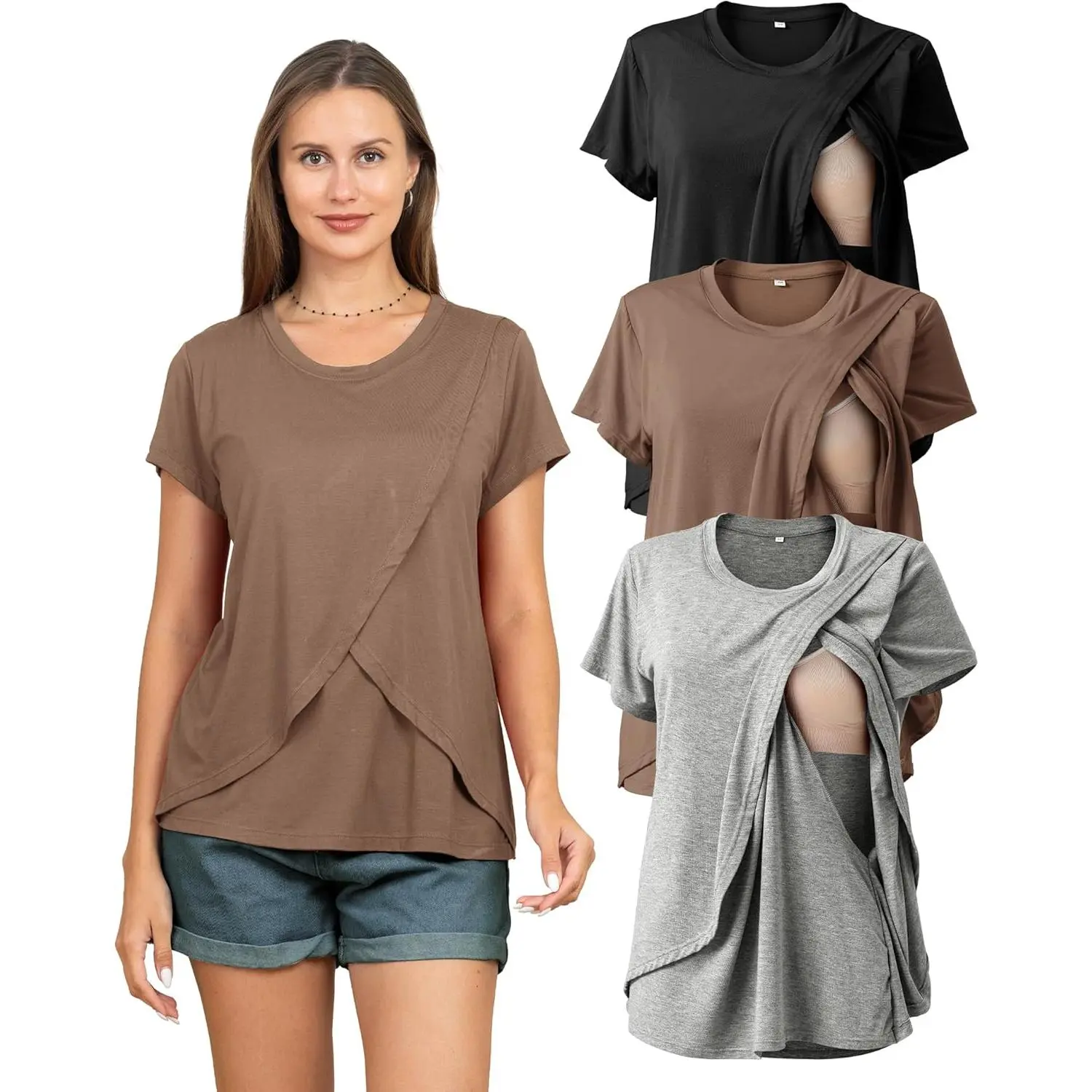 Women's 3-Pack Maternity Nursing Tops, Soft Viscose Blend Short Sleeve Loose-Fit A-Line Tops for Postpartum & Breastfeeding, Maternity Top, Casual Fit Maternity