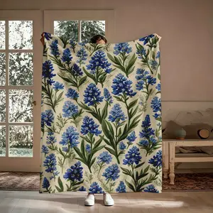 Bluebonnet Flannel Throw Blanket - Watercolor Botanical Floral Vintage Soft, Cozy for Couch Bed, Farmhouse Boho Decor, Gifts for Women
