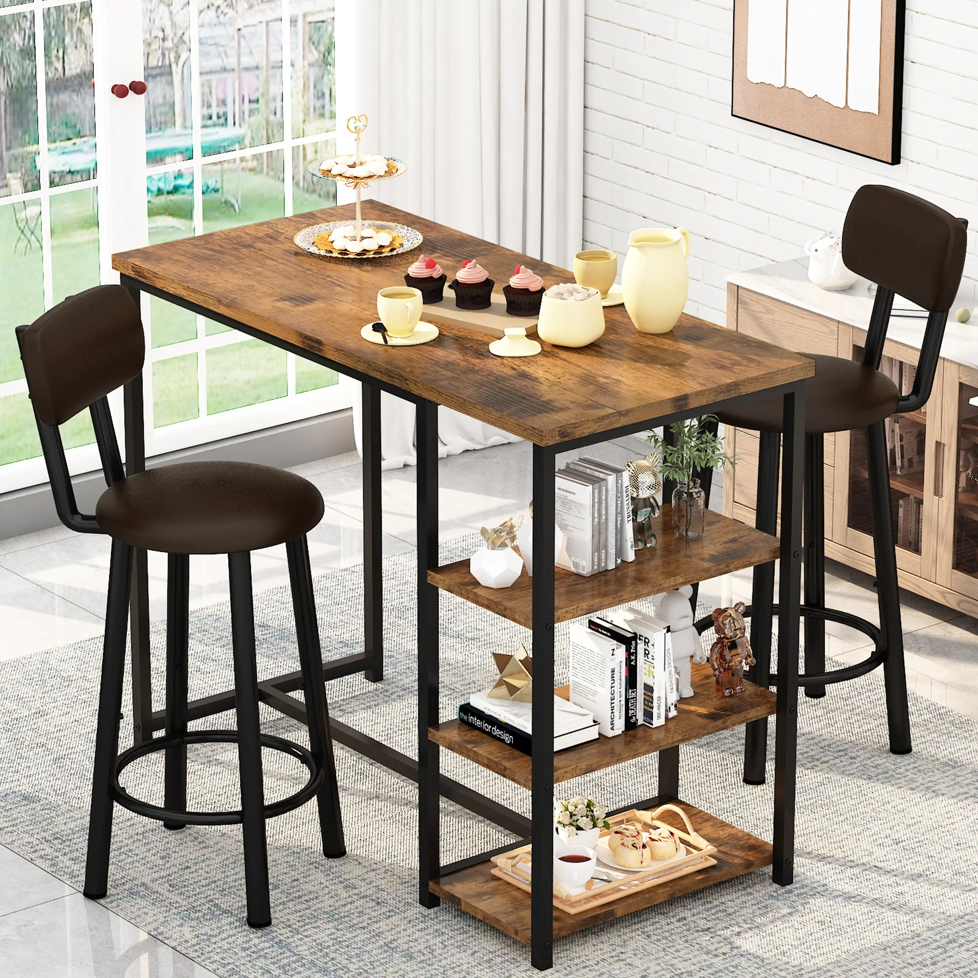 DKLGG Bar Dining Table Set for 2 with 3 Storage Shelves, Modern Bar Table and Chairs Set with 2 PU Leather Widen Backrest Chairs for Small Space