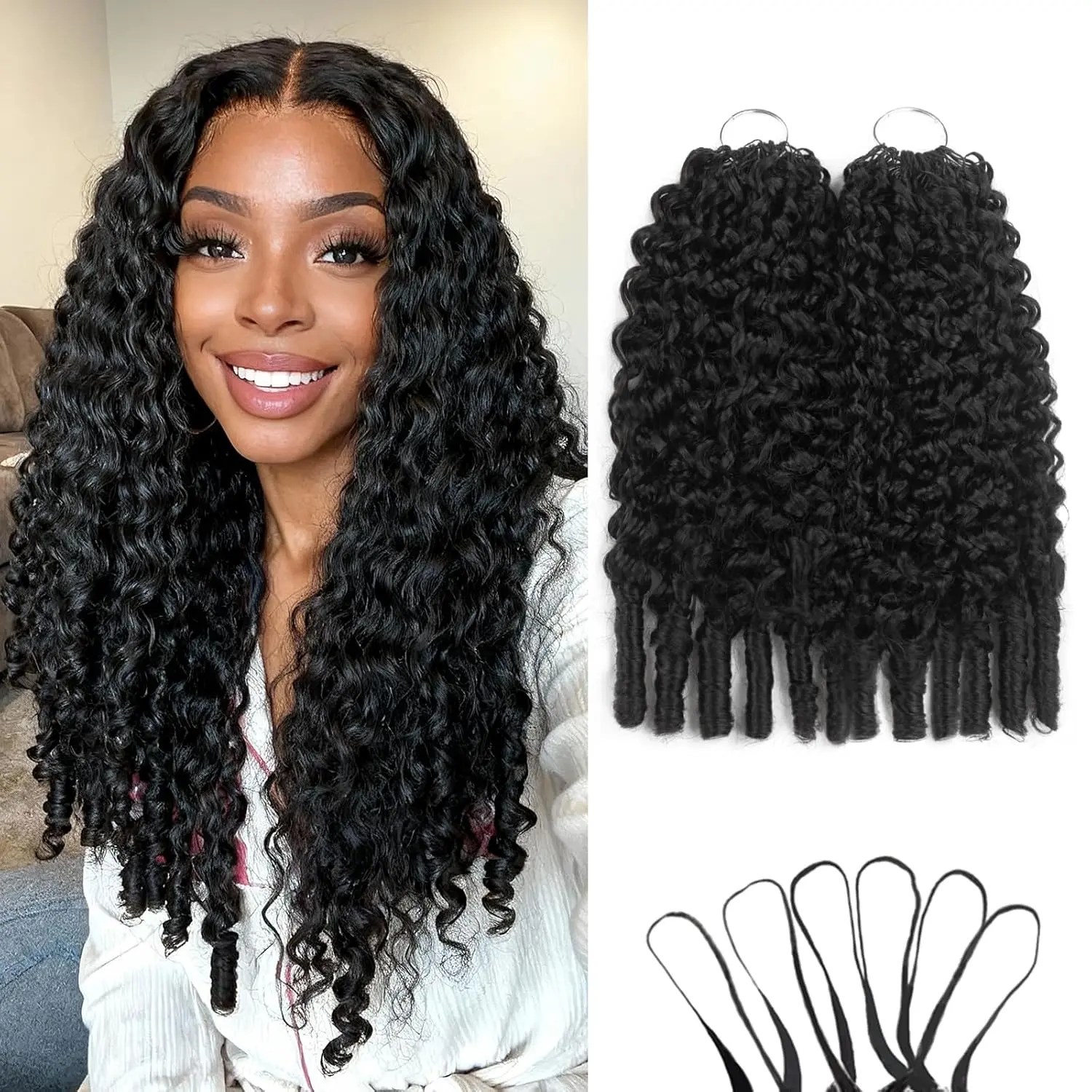 2026 New Feather Hair Extensions, 16inch Curly Wave Black Hair (2pcs) Synthetic Crochet Bundles - Lightweight, Pre-Separated, Super Invisible Knot, Soft Texture, 50g/pcs, Durable & Reusable, 3 Styles Optional