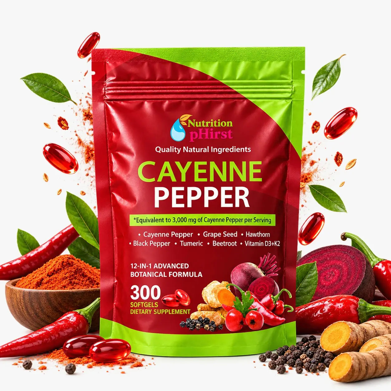 NutritionPhirst Cayenne Pepper 12-in-1 Botanical Supplement – 300 Softgels, Beetroot, Turmeric, Grape Seed, Black Pepper & Vitamins D3 + K2
